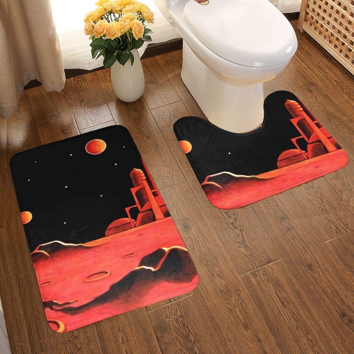 On Mars 2-delige zachte anti-slip badmatset, textuur fotografie inclusief 80x50cm hoge Absorbency wc-bril en 50x40cm microvezel zachte zachte zachte badtapijt, anti-slip mat wasbaar.