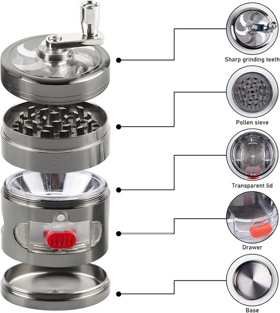 grinder met handslinger om zout te malen, kleine molen met lade van zinklegering, metalen molen 60 mm, om zout te malen, 6-delige set — afbeelding 2