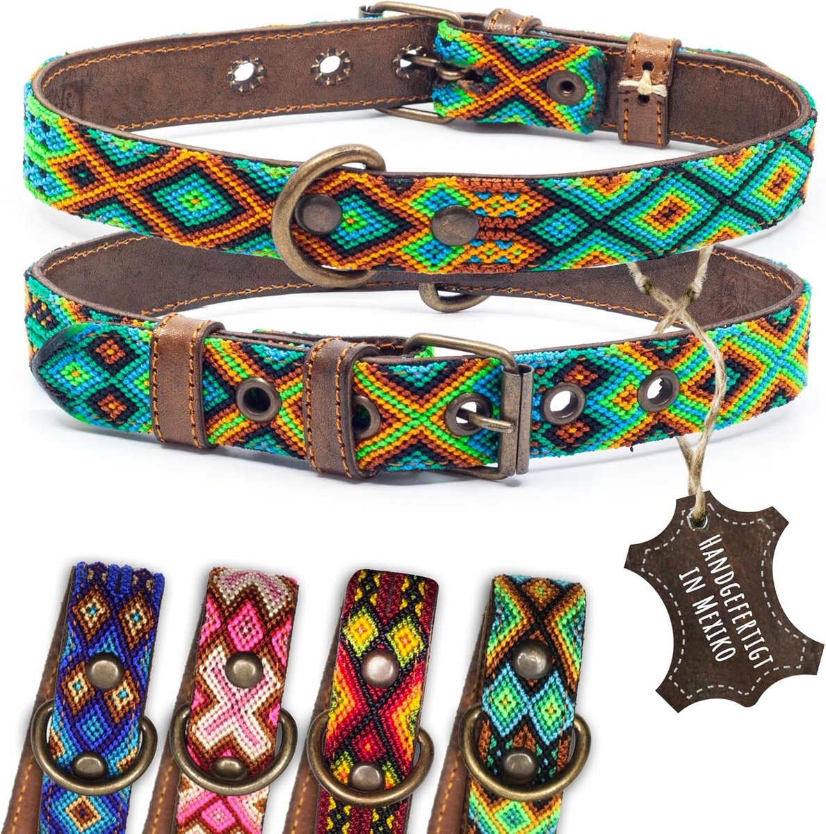 Hondenhalsband van leer, bruin rundleer, tribal groen/bruin/beige, doorlopend geborduurd, handgemaakt in Mexico, maat M, voor middelgrote honden