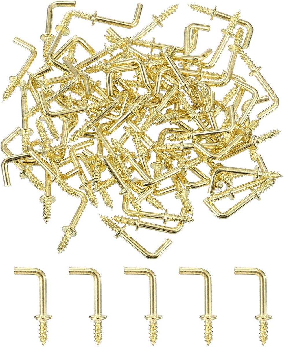 Haken, 1/2 inch rechthoekige haken, kleine schroefhaken van koolstofstaal in 7 vormen om op te hangen, goud