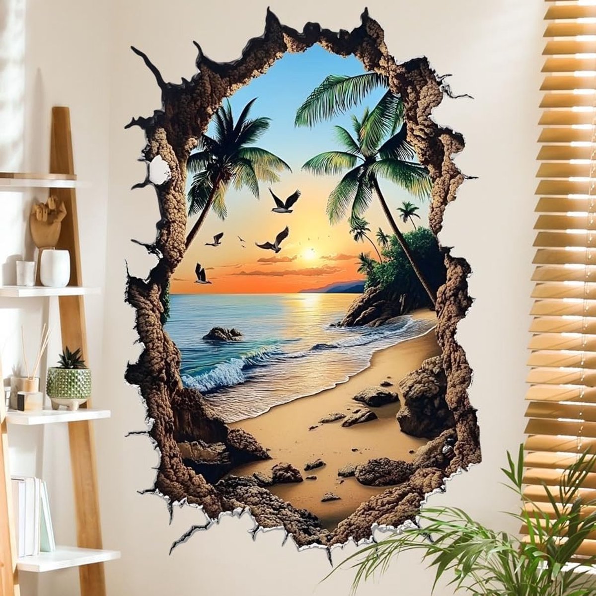 Muursticker 3D Morgengloed Zonsondergang Strand Kokospalm Zee Woonkamer Babykamer Slaapkamer Wanddecoratie