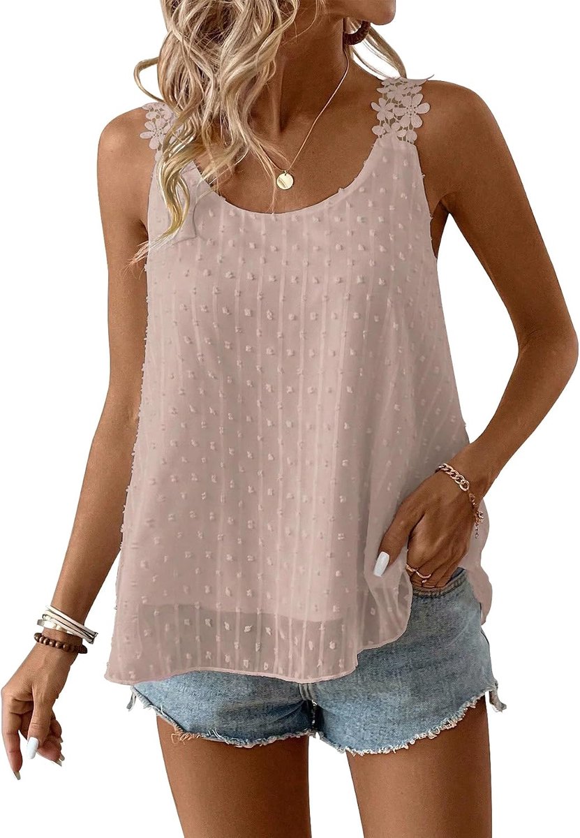 Tuniek Dames Zomer Boho Blouse Mouwloos Tank Top Tops Vloeiend Camisole Ronde Hals Rousjes Elegant Bloemen T Shirt Schattig Casual Outfits Lente Herfst Kant Kleding Roze XL