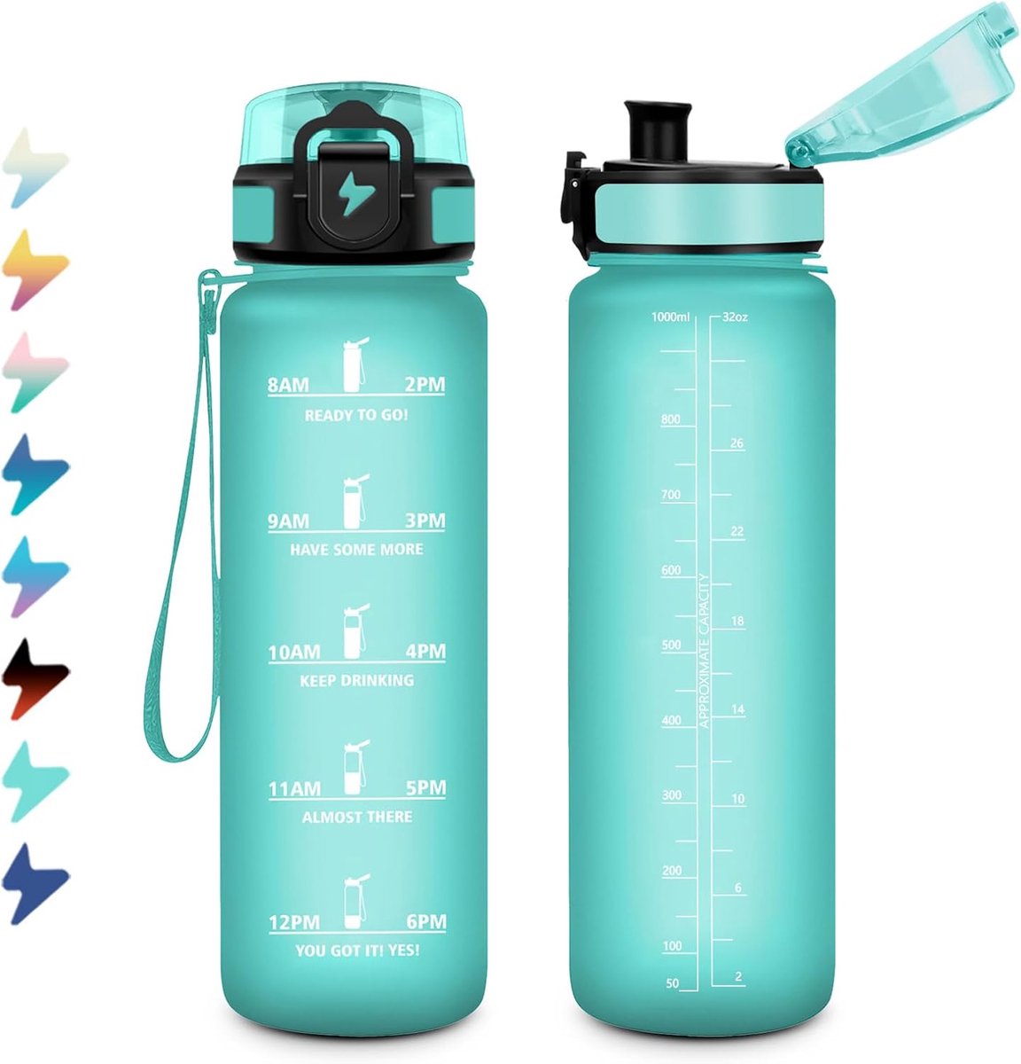 1 l, lekvrij, geschikt voor koolzuurhoudende dranken, drinkfles met tijdmarkering, waterfles met filter, sportdrinkfles voor klimmen, kantoor, picknick, bruisen, wandelen