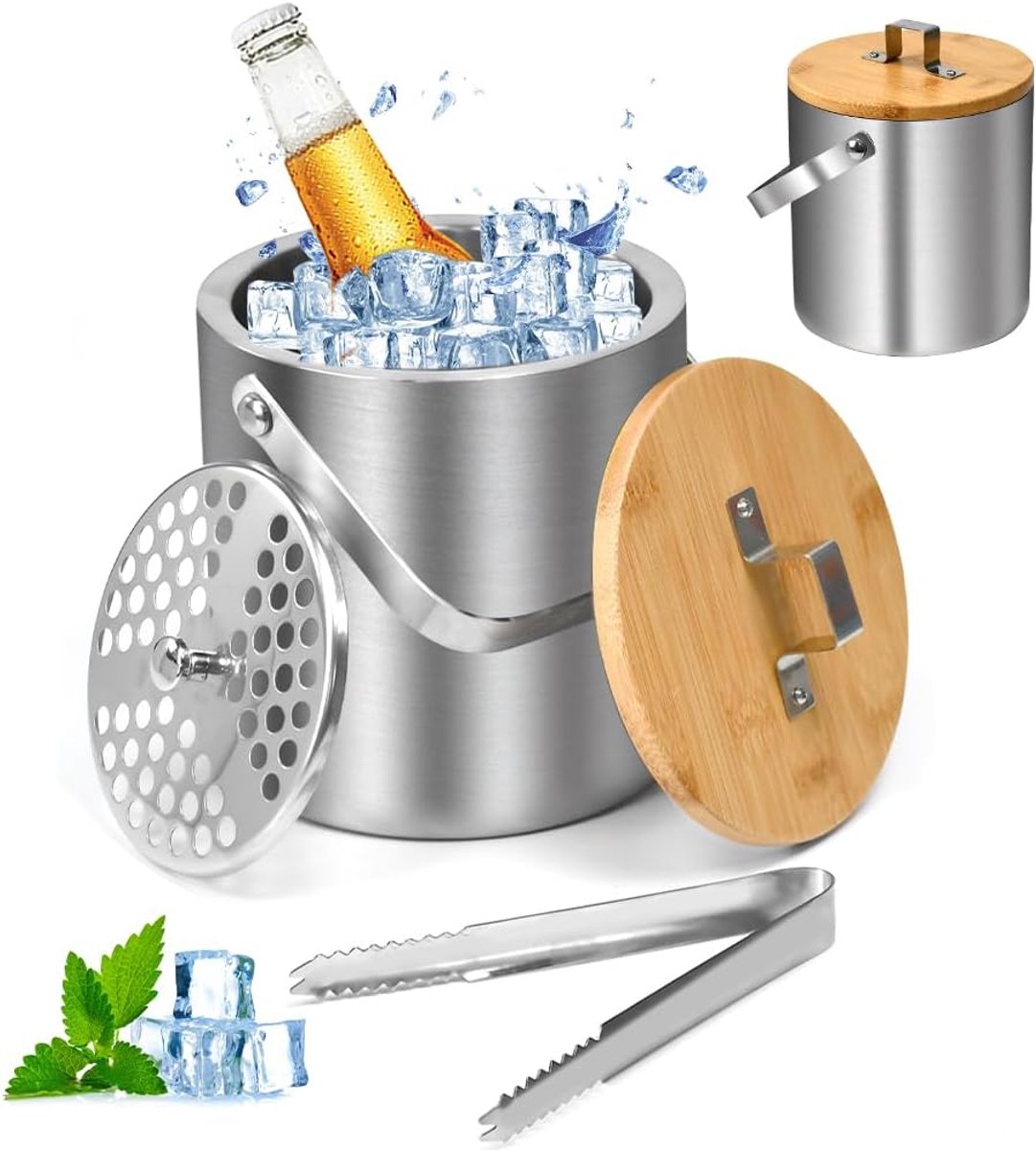 IJsemmer van roestvrij staal, 1,3 l, dubbelwandig, met deksel en tang en filter voor ijsblokjes, voor cocktails en feestjes