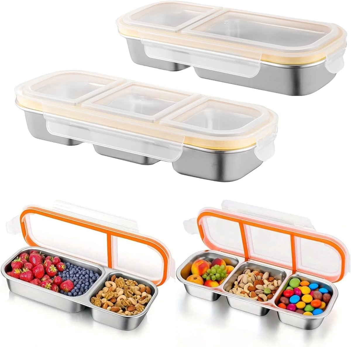 Snackbox met vakken, snackbord van roestvrij staal, herbruikbaar, voedselopslag, lunchbox, draagbaar snackdienblad, geschikt voor school en werk (2 stuks)