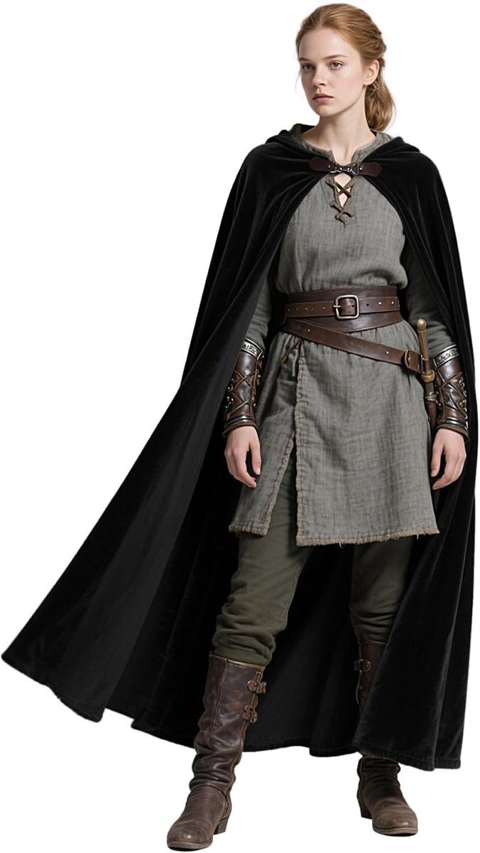 keland Middeleeuwse cape met capuchon, renaissance, cloak voor dames en heren, Halloween, cosplay, zwart