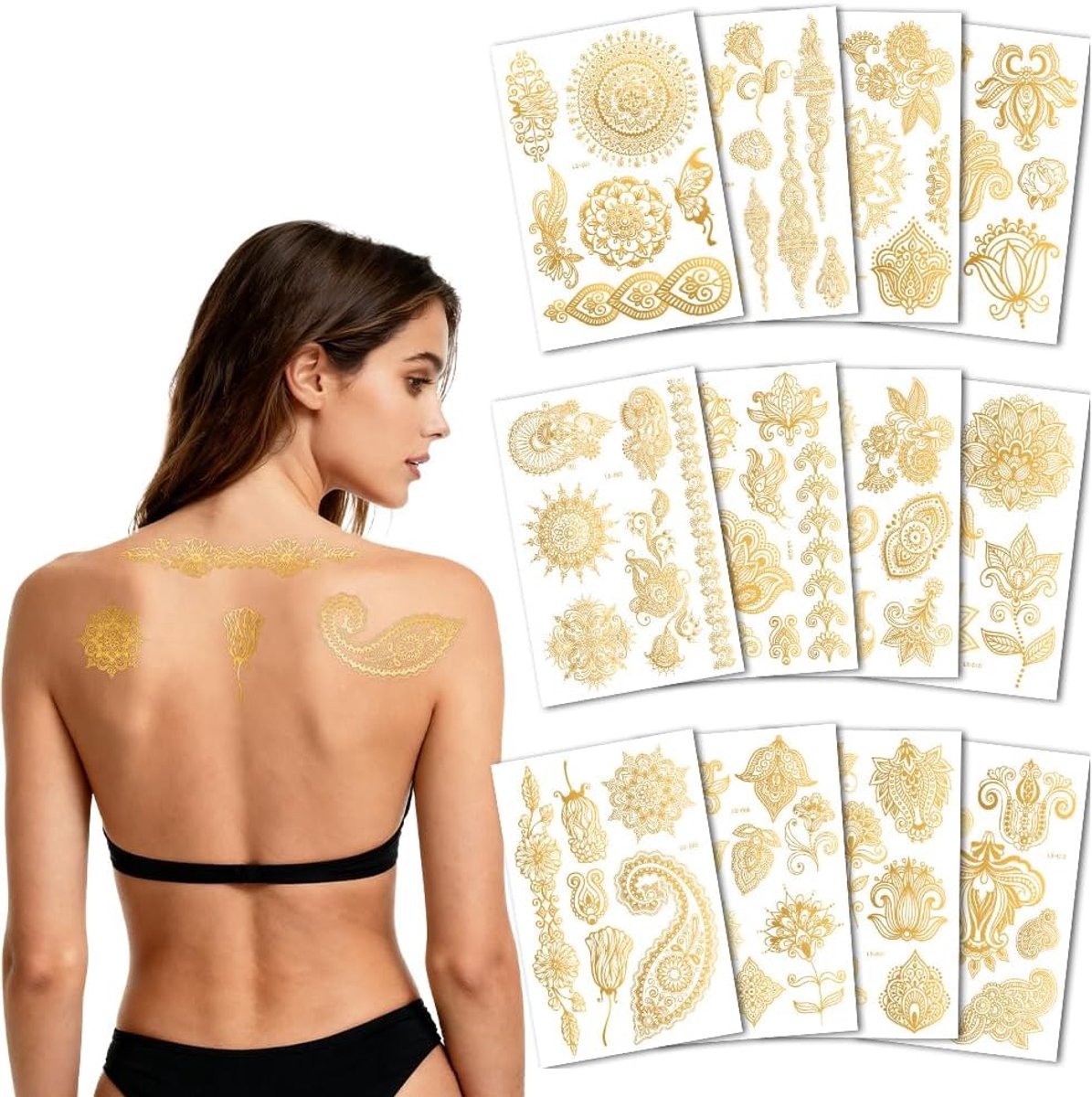 Flash Tattoos Metallic, 12 vellen goud metallic tijdelijke tatoeages plakkers, gouden tatoeagestickers, waterdicht voor volwassenen, glitteraccessoires voor feest, Halloween