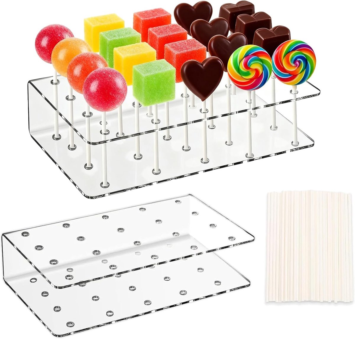 2 stuks taartpop-standaard, 20 gaten lollystandaard met 100 cakepops, transparante snoepstandaard voor verjaardag, bruiloft, tafel, dessert, feestdecoratie