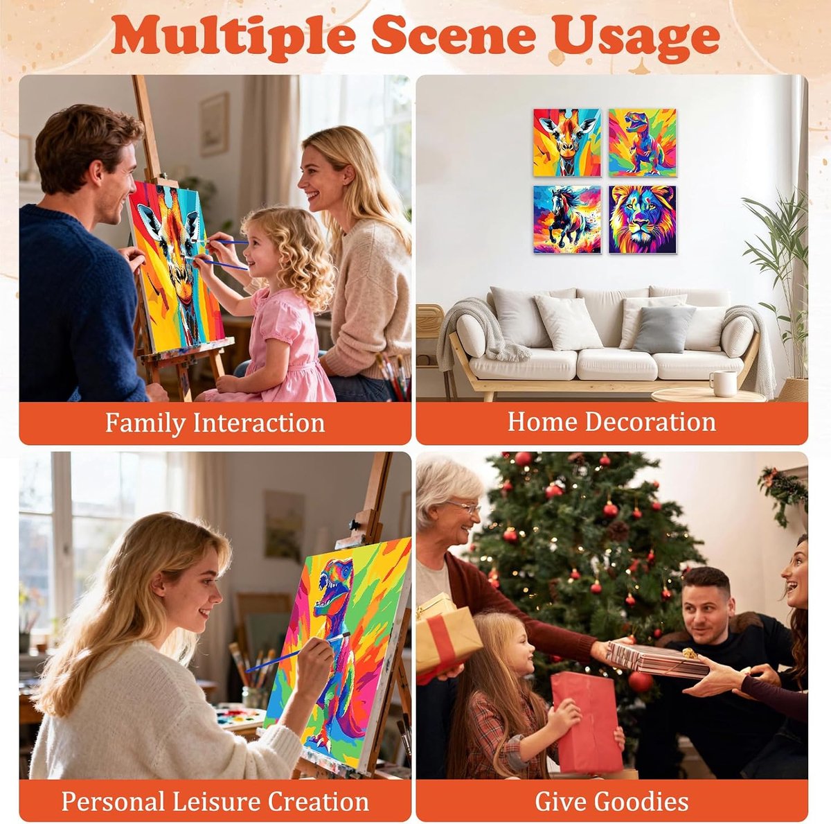 4 Pack Verf op Nummers Kits voor Volwassenen Beginners, Kleurrijke Dieren Verf op Nummers Ingelijst op Canvas, DIY Craft Art Schilderij Kits voor Kinderen, Olieverfschilderij Kits Thuis Muur