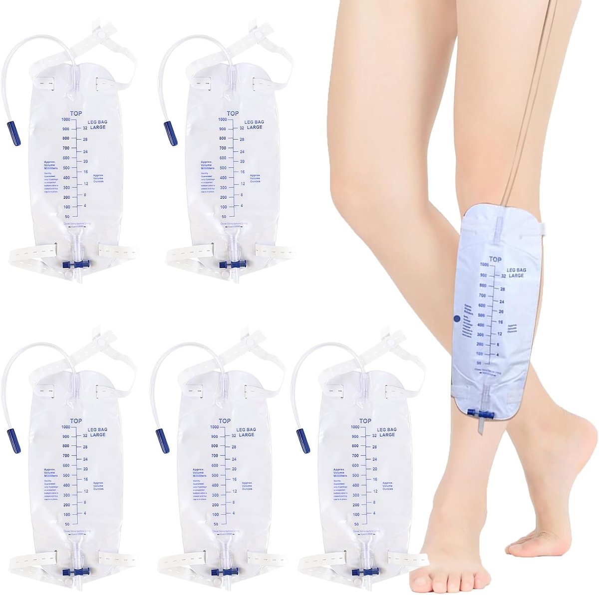 1000 ml urinezak, katheter-beenzak, 5 stuks urinezak, beenzak, urineverzamelzak, drainagezak met 2 riemen, beenzak, katheterzak met ventiel T-afvoer en stoffen banden (5 x 1000 ml)