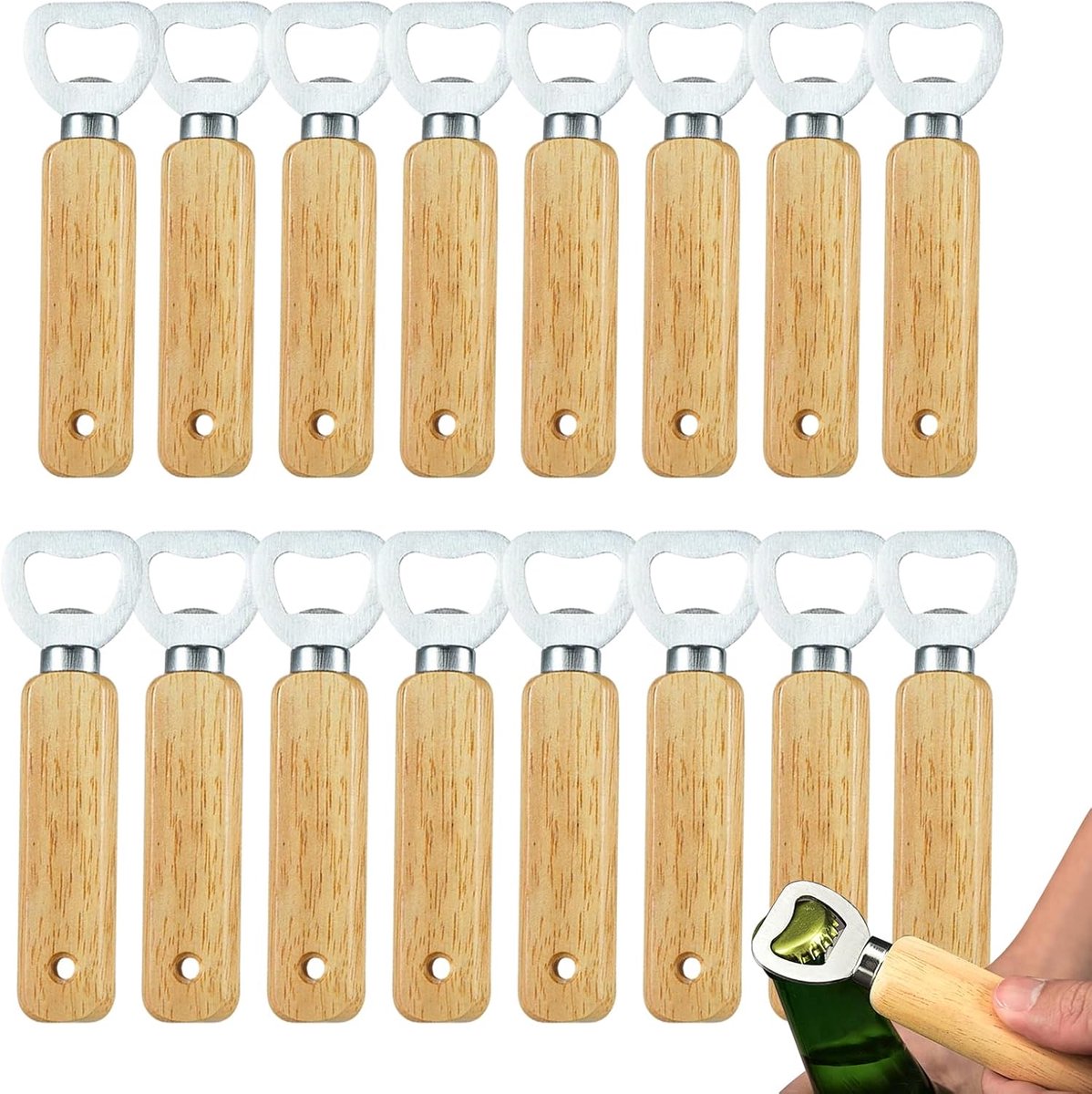 16 stuks flessenopeners van hout, flesopener, houten bieropener, houten handvat, draagbaar, natuurlijk hout, kroonkurkopener, draagbare bierflesopener voor dranken, appelwijn, bar, mannen