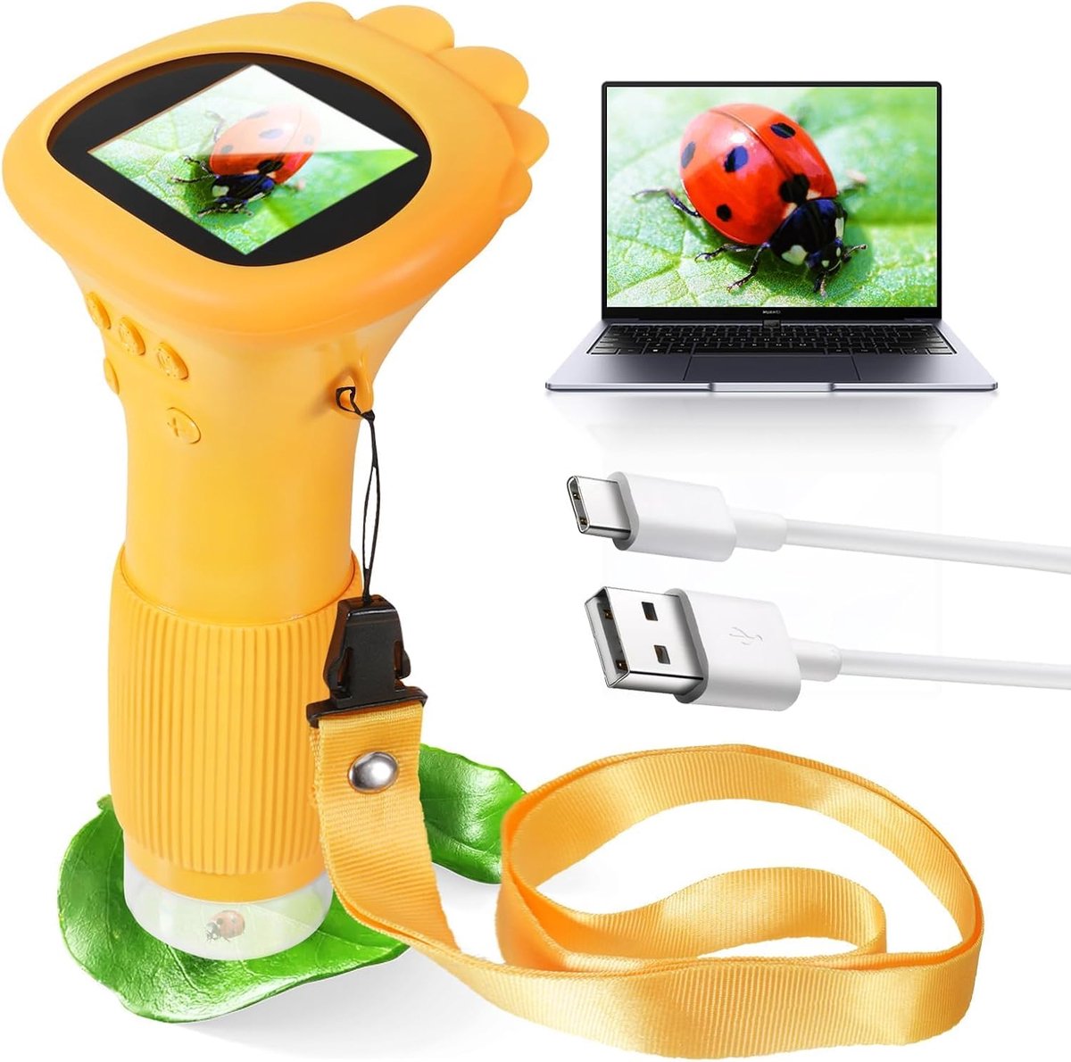 microscoop voor kinderen, 2,0" IPS-scherm digitale microscoop, 200X draagbare zakmicroscoop kinderen scherm USB-aansluiting naar PC, geel