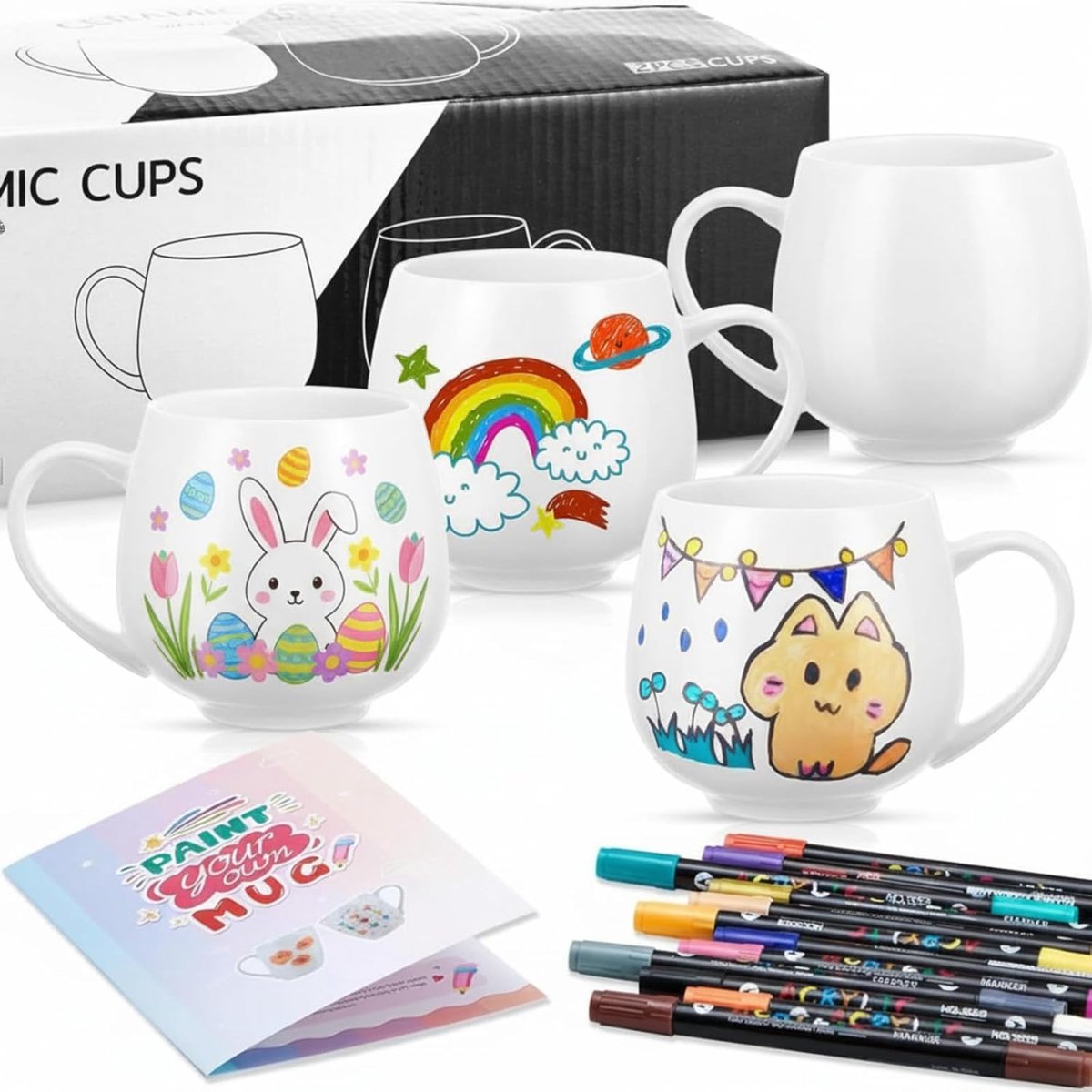 4 Paintables keramische schilderset, Lege sublimatiemok, Markeerstift met 24 kleuren Cadeau Partnerafspraak Kerstmis Familie-activiteiten Vriendin/dochterverjaardag