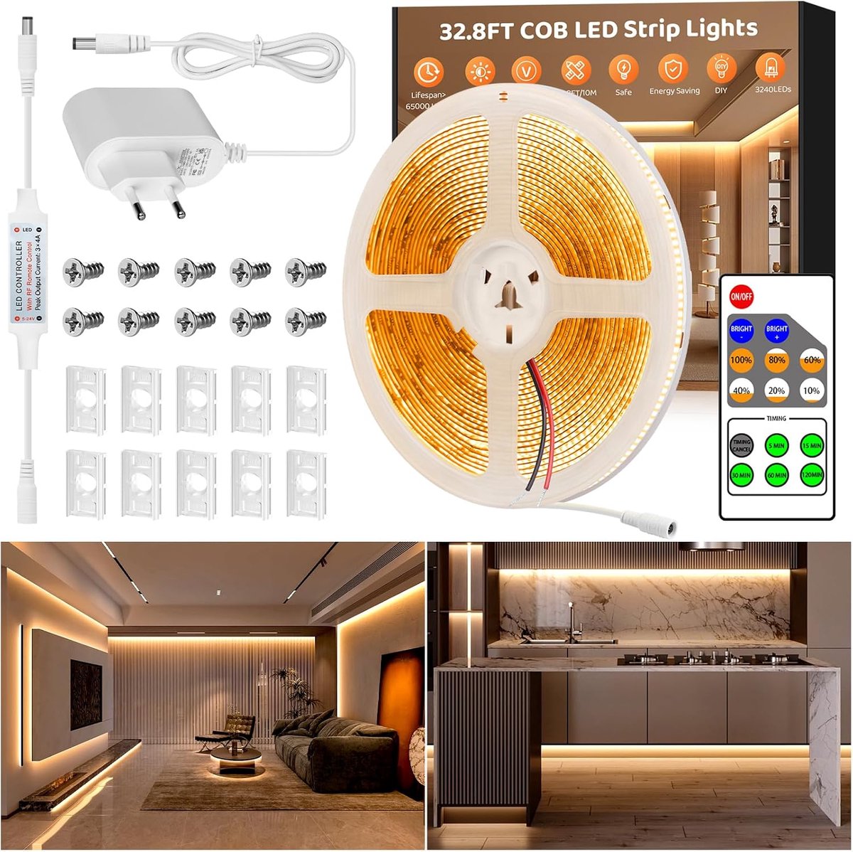 LED-strip, 10 m, warm wit, 3240 LED-diodes, CRI90+, flexibel licht LED-strip met RF-afstandsbediening en voeding, dimbaar, 24 V, zelfklevend, 3 000 K, warm wit IP65, waterdicht IP65, voor keuken