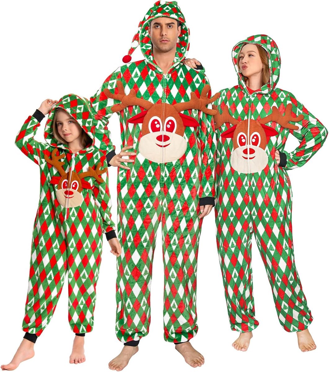 Familie Matching Kerst Pyjama, Capuchon Onesie Pj's voor Carnaval & Halloween, Flanellen Feestdagen Nachtkleding (L, Rendier Kerst)