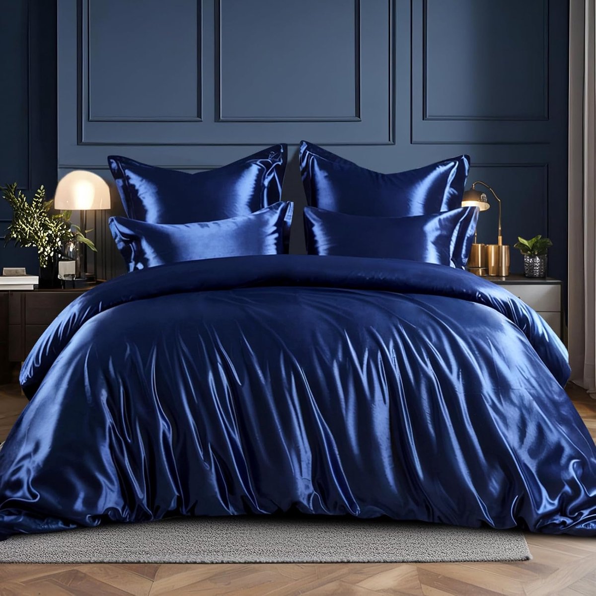 Satijnen beddengoed, 200 x 220 cm, blauw, zijdeachtig dekbedovertrek met glans als zijde, beddengoedset donkerblauw, voor haar en huid, glanzend beddengoed, 200 x 220 cm, met ritssluiting en