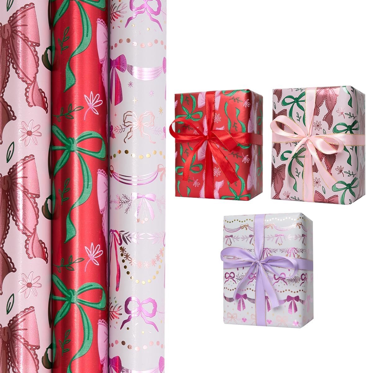 Cadeaupapier voor verjaardag, 3 rollen 43 cm x 3 m, strik, voor Kerstmis, verjaardag, Valentijnsdag