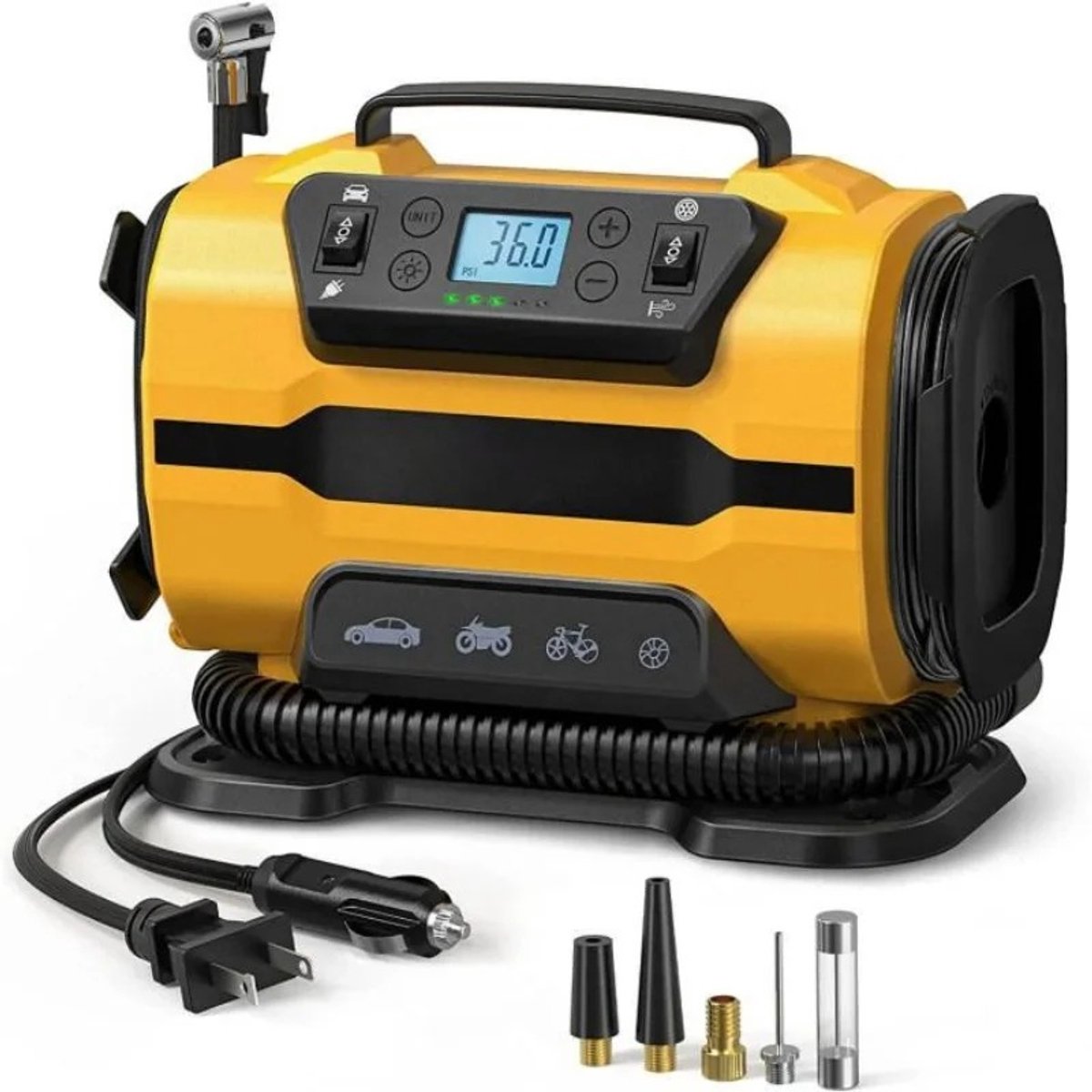 Zerova Luchtcompressor - Draagbare Luchtcompressor 150 PSI - Dual Power Auto Bandenpomp - Digitaal Display - LED-Lamp - Geel
