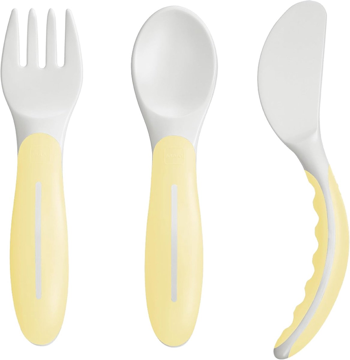 Eetbestek bestaande uit mes, vork en lepel, 3-delige bestekset met antislip handgrepen, veilig babybestek voor links- en rechtshandigen, vanaf 6 maanden, geel