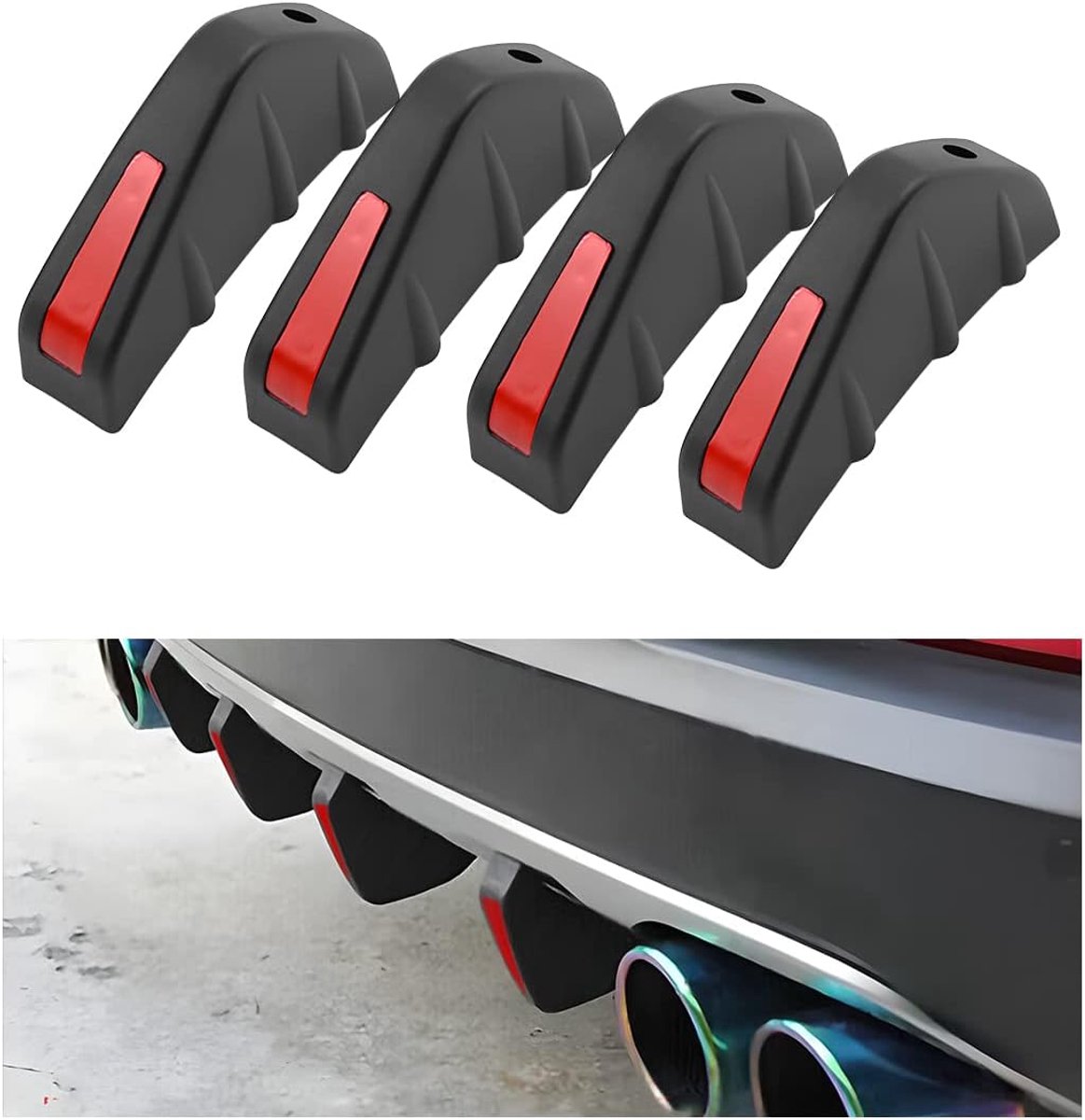 Set van 4 auto-achterbumperspoiler, auto-achterbumperspoiler diffuser, haaienvin beschermhoes anti-crash bumperchassisdecoratie (Zwart/Rood)