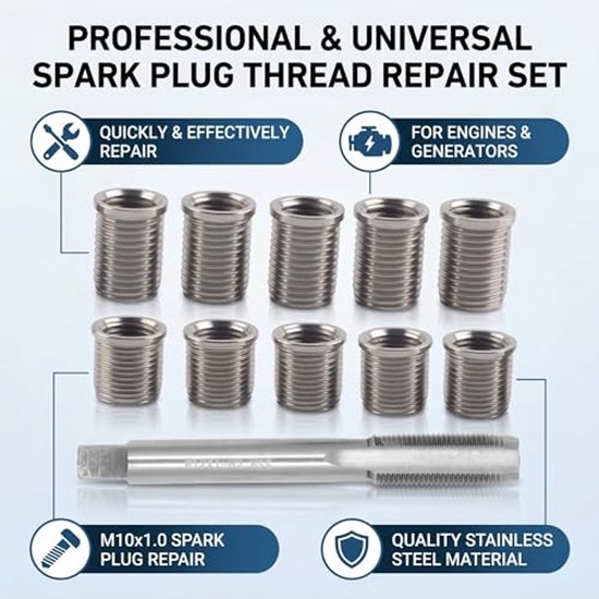 10 Stuks M10x1.0 Schroefdraadinzetstukken en 1 Stuks M12x1.0 Schroefdraadtap, Bougietapgereedschap voor Reparatie van Bougies — afbeelding 3