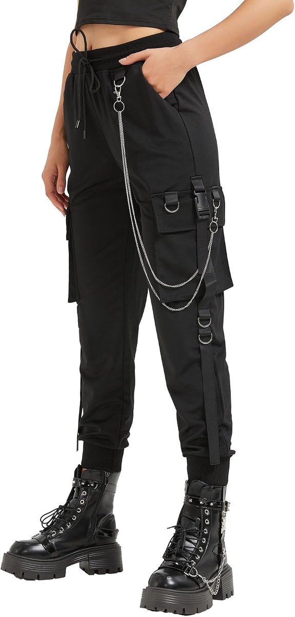 Cargo Broek Voor Vrouwen Techwear Vrouwen Losse Straat Rock Stijl Casual Zwarte Broek Met Ketting Goth Broek