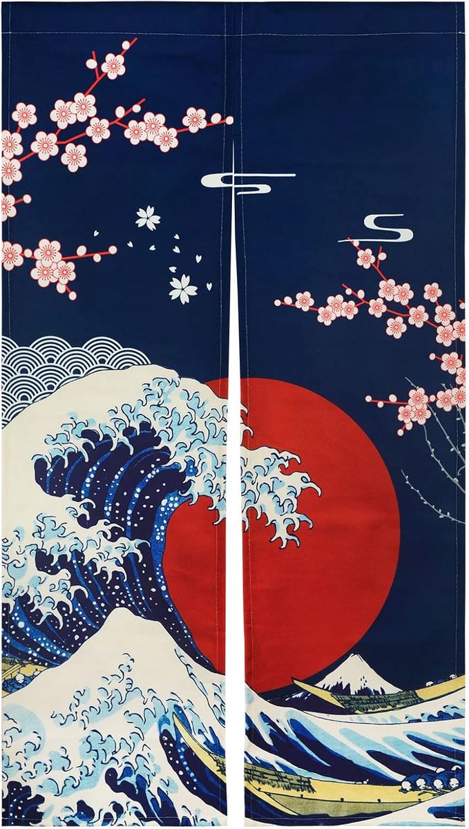 Japanse stijl dik linnen Noren lange gordijnen kersenbloesem en Canagawa-golven deurgordijn ruimteverdeler wandtapijt voor huishoudtextiel, ruimteverdeler, 85 x 150 cm, blauw