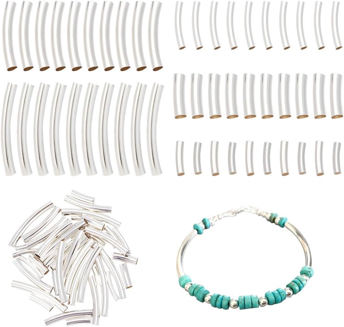 Kralen, 5 maten, 925 sterling verzilverd, messing gebogen buiskralen, afstandskralen, afstandskralen, metalen losse kralen voor armband, ketting, sieraden maken