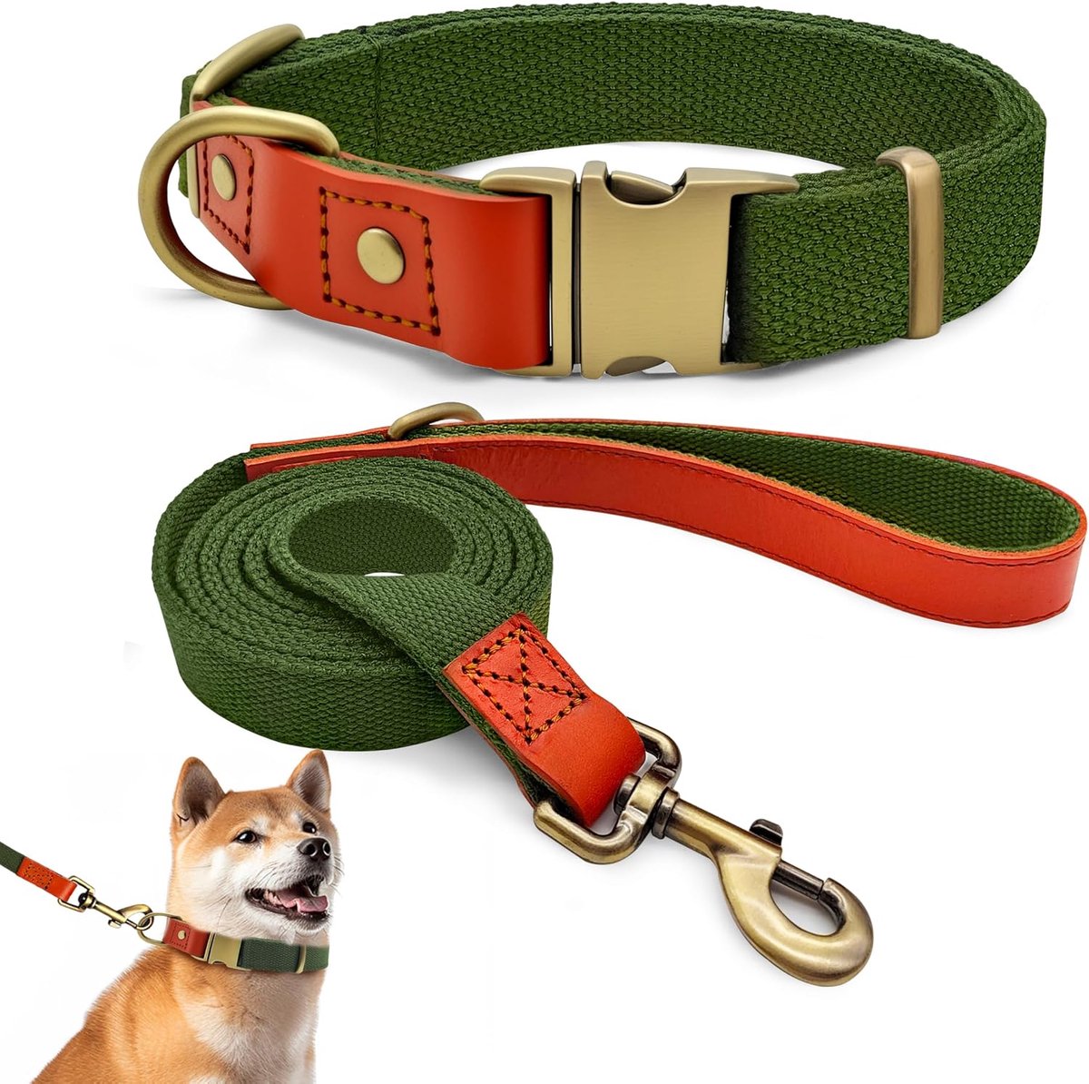Hondenhalsband en Lijnset Verstelbare en Robuust Tactische Riem voor Middelgrote en Grote Honden om te Wandelen, Lopen, Training, Leger Groen, L | Riem 152 cm, vintage metalen gesp, 360° bevestiging, voor grote honden, duurzaam wandelen en opleiding