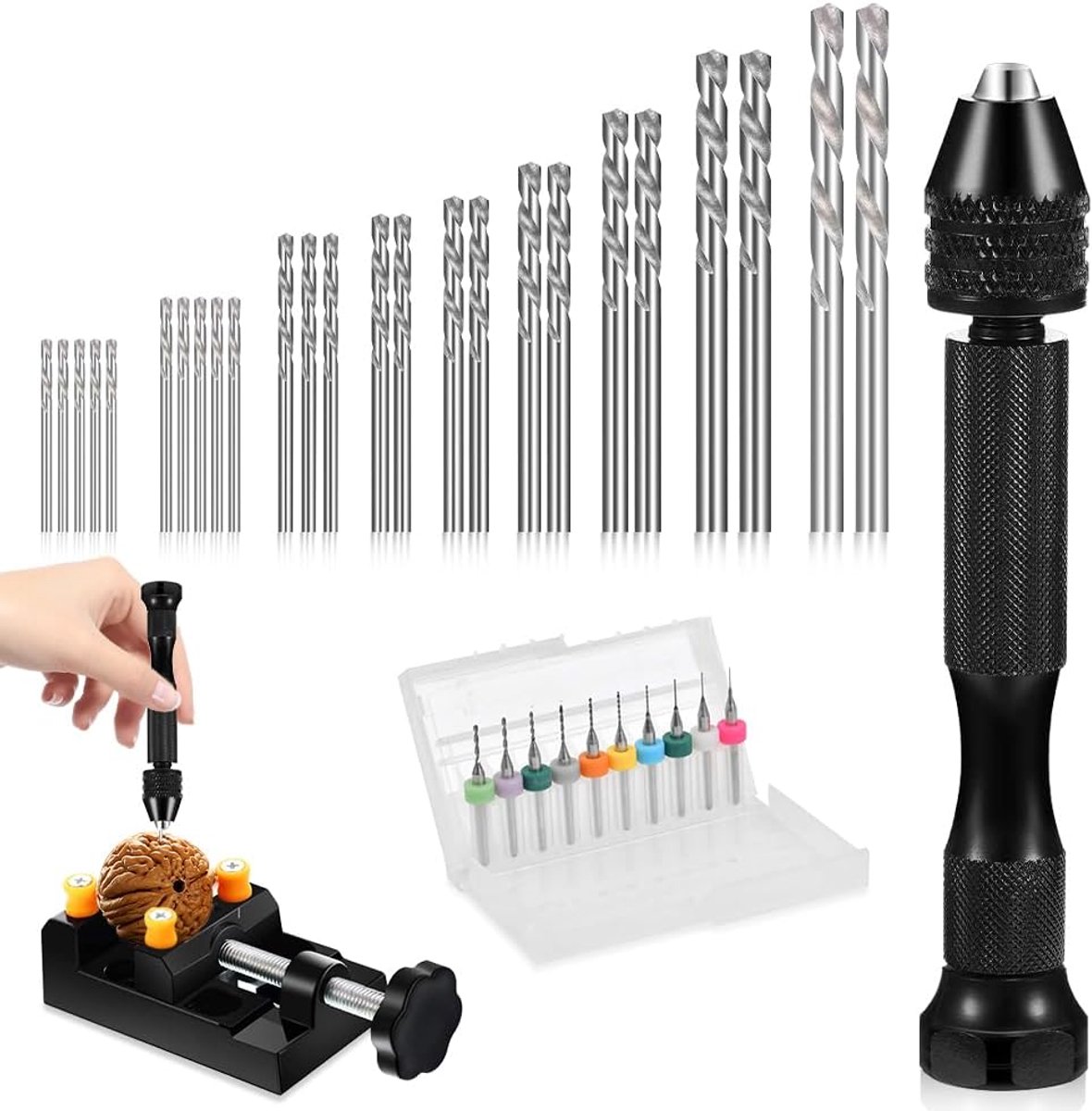 37-delige mini-handboorset voor handwerk, 0,3-1,2 mm PCB-mini-boor en 0,5-3,0 spiraalboor met precisie-handstift-schroefstaaf, Micro Twist boorpunten voor boorgereedschap, modelbouw,