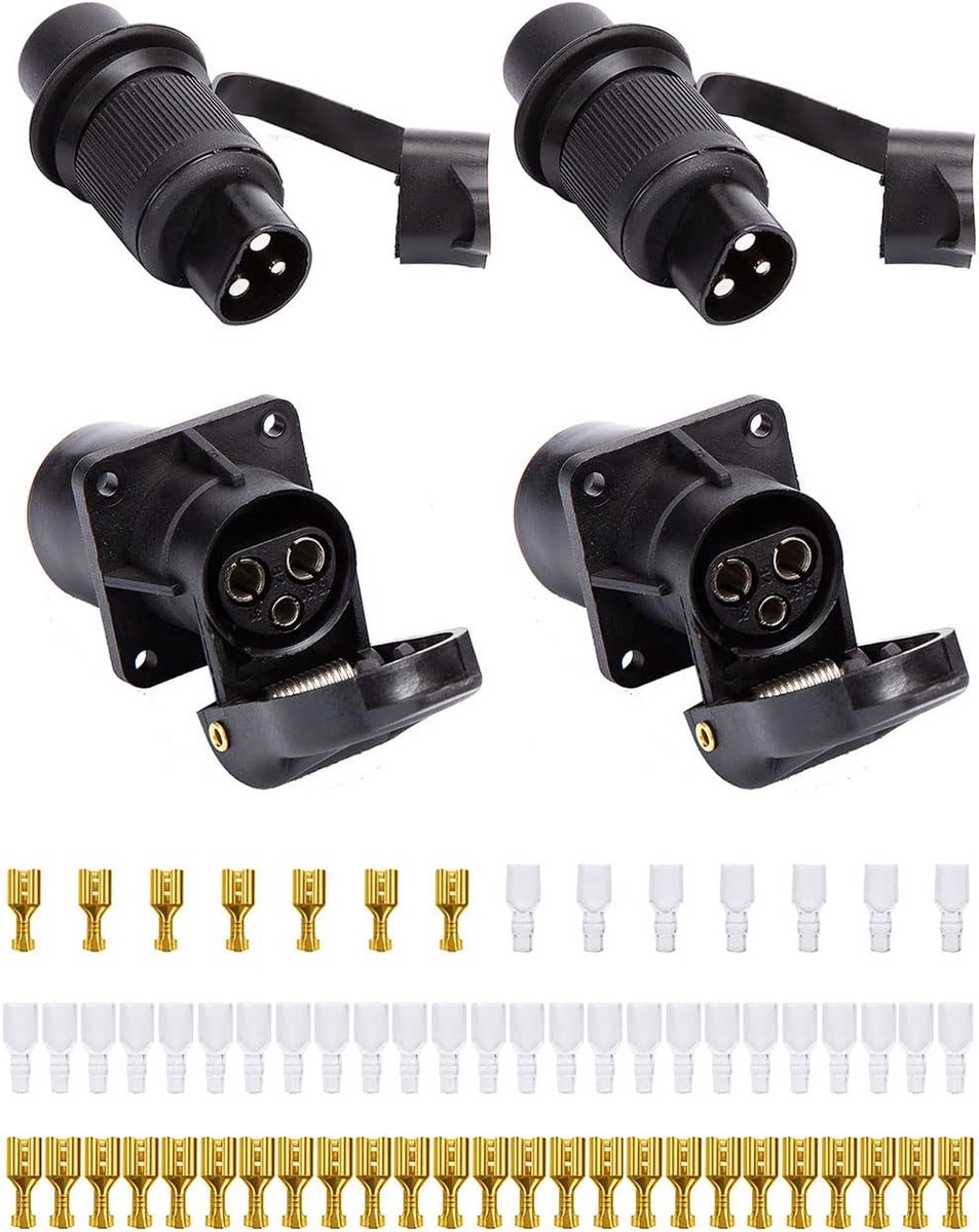 2 x aanhangerstekker 3-polig en aanhangerbus 3-polig, 3-polige bus, 3-polige stekker, waterdichte 3-polige stekker, 12 V, 24 V, adapter 3-polige stekker (2 stuks)