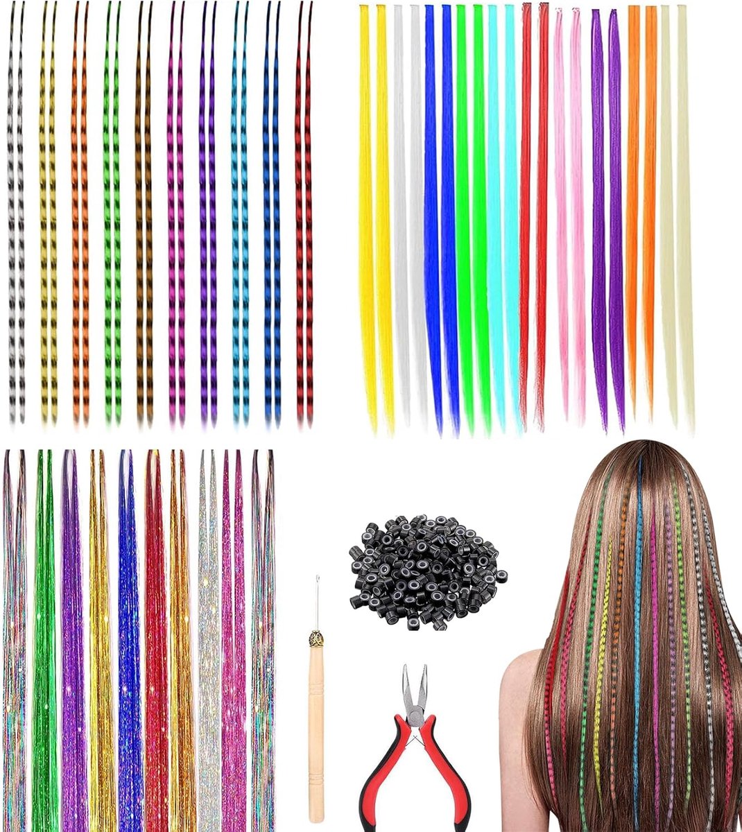 SnelShoppen - 60 Kleurige Haarstrengen met Tangen en Parels, Kunsthaar Extensions, Haarveren voor Kinderen en Vrouwen, Ideaal voor Feest, Festival, Co