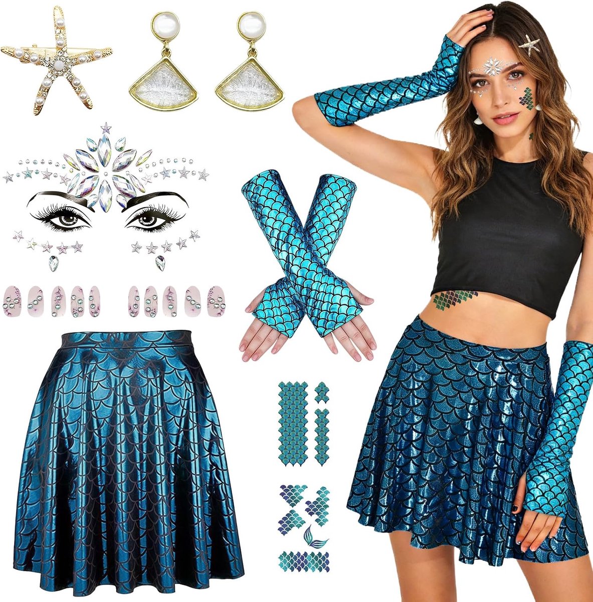 Zeemeerminkostuum voor dames, visschubbenrok + zeester haarspeld + glitterstenen gezichtstattoo + oorbellen + handschoenen zeemeermin sticker voor carnaval themafeest kostuum