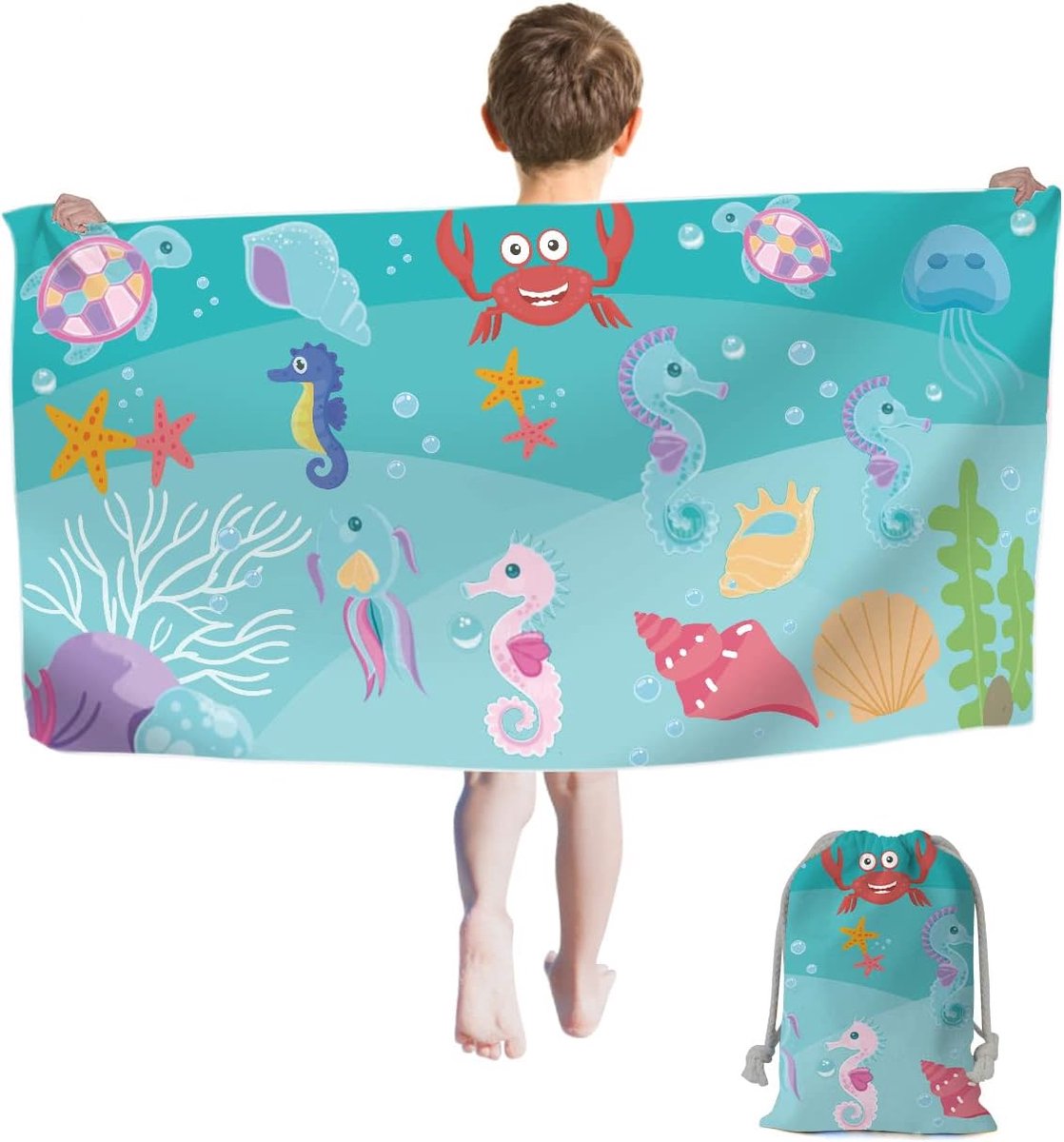 Strandhanddoek voor kinderen, schattige zeedieren strandlaken 60 x 120 cm, microvezel strandhanddoek, zandvrij, sneldrogende badhanddoek reizen zwemmen badhanddoek voor kinderen (Blue Ocean)