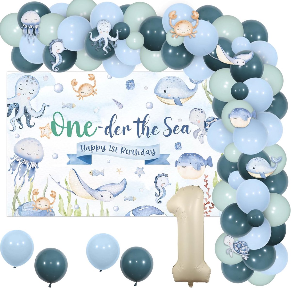 the Sea 1e verjaardag decoratie jongen, Oneder the Sea 1e verjaardag decoraties achtergrond oceaan dier stickers ballonboog kit nummer 1 folieballon voor jongen onderwater 1e verjaardagsfeestje