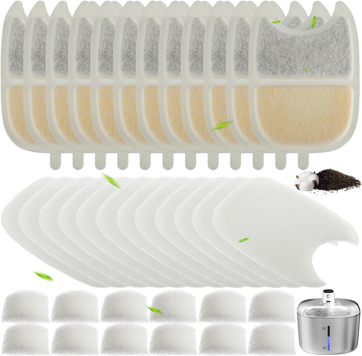 12 sets kattenfontein, 12 koolstoffilters, 12 voorgefilterde sponzen en 12 waterpompsponzen met ionenwisselhars en actieve kool voor 4 liter fontein voor automatisch gebruik
