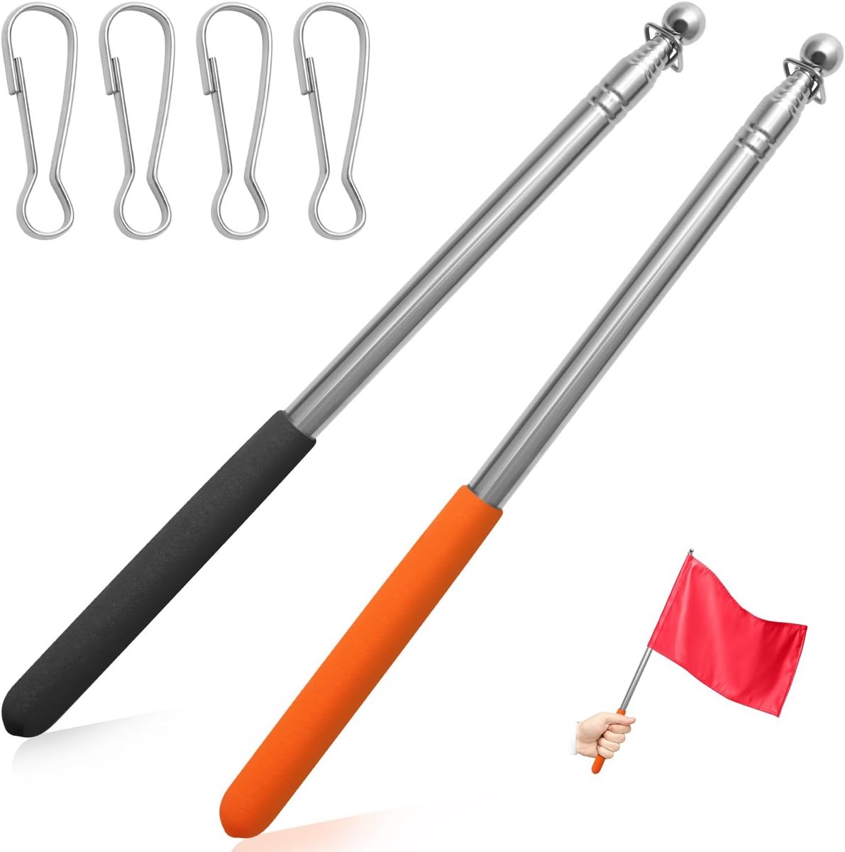 2 stuks uitschuifbare handheld vlaggenmast (1,6 m/5,25 ft), telescopische vlaggenmast roestvrij staal met vlagclips, draagbare handheld vlaggenmast voor festival camping tour