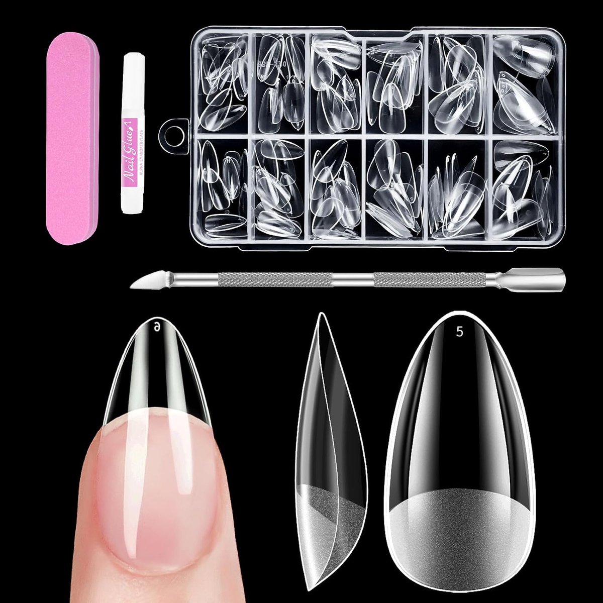 Nagel Tips, Venares 120 Stuks Kort Nageltips met Lijm Nagelbuffer Nagelriemduwer, Full Cover Kunstnagels Pre-Buff Nail Tips voor Starterspakket Amandel Kort-M
