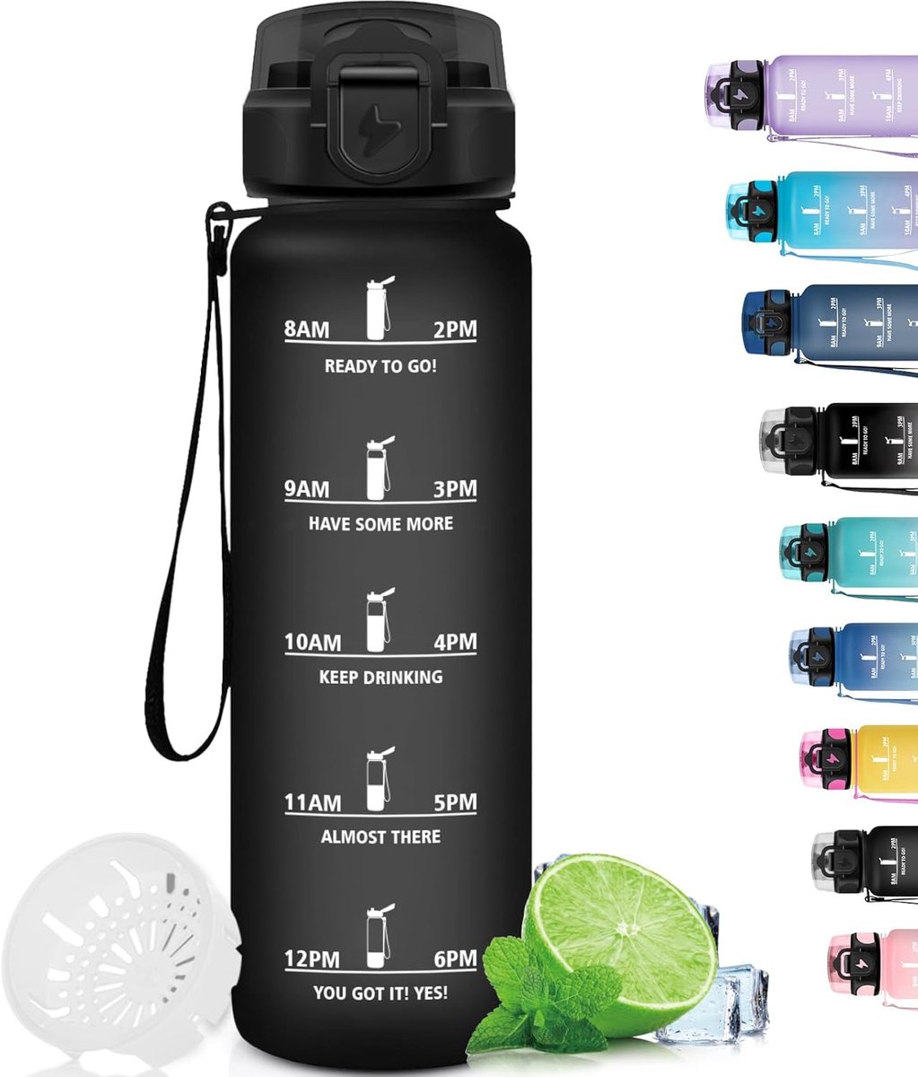 waterfles met tijdschaal, 1 liter, gemakkelijk te reinigen, voor sport, fitness, wandelen, fietsen, zwart