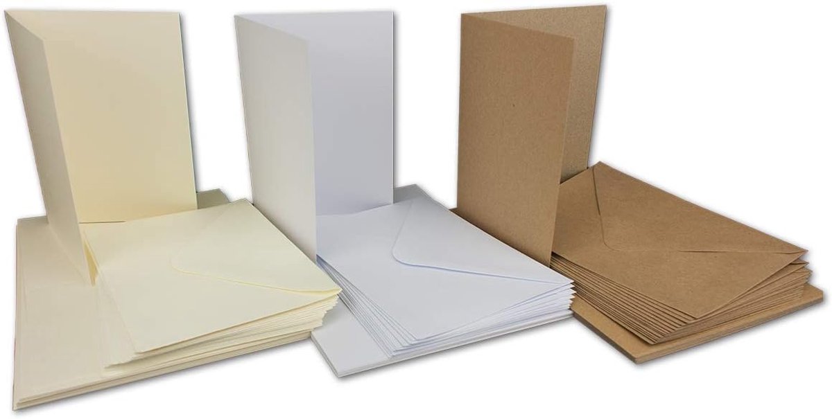 DIN lang en vierkant - met enveloppen van gerecycled papier - natuurlijk bruin - 3 x 10 sets wit - crème - kracht A6/C6