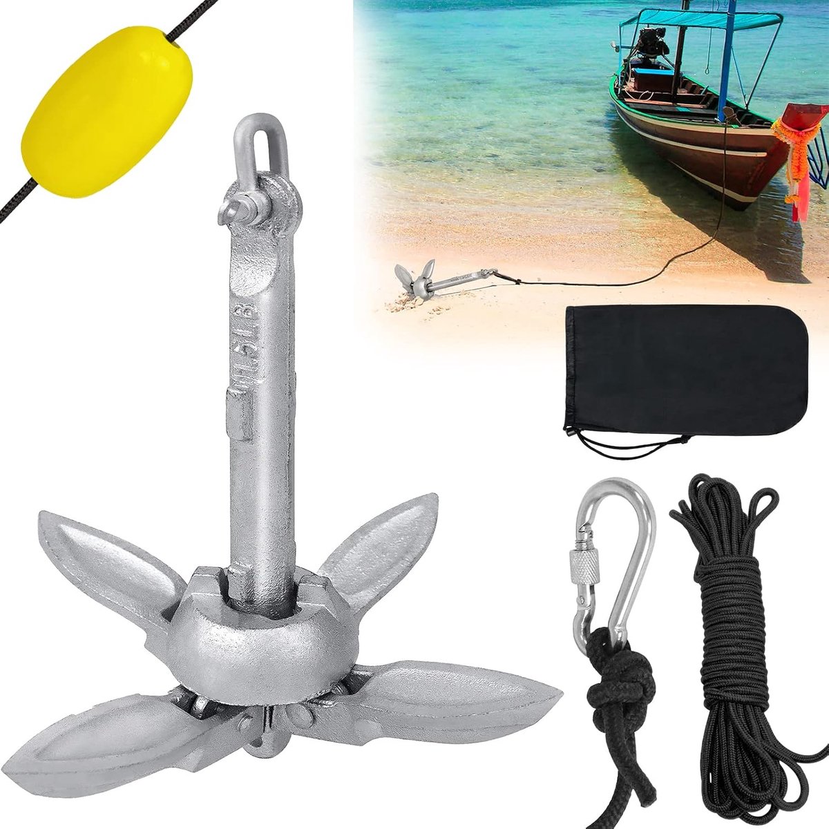 Vouwanker vouwanker vouwanker van verzinkt staal 0,7/1,5 kg vouwanker boot anker ankerset met 10 m ankersleeptouw voor boot, opblaasbare boot, SUP-boards, kajaks