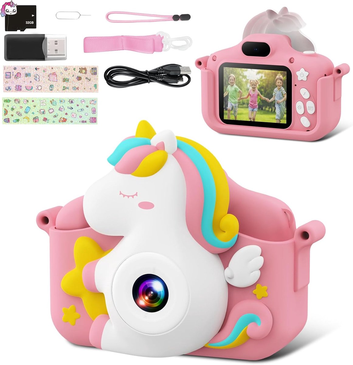 Digitale kindercamera voor meisjes jongens met 32GB kaart, videocamera voor kinderen verjaardag kerst speelgoedcadeaus voor peuter leeftijd 3-10 jaar oud (roze)
