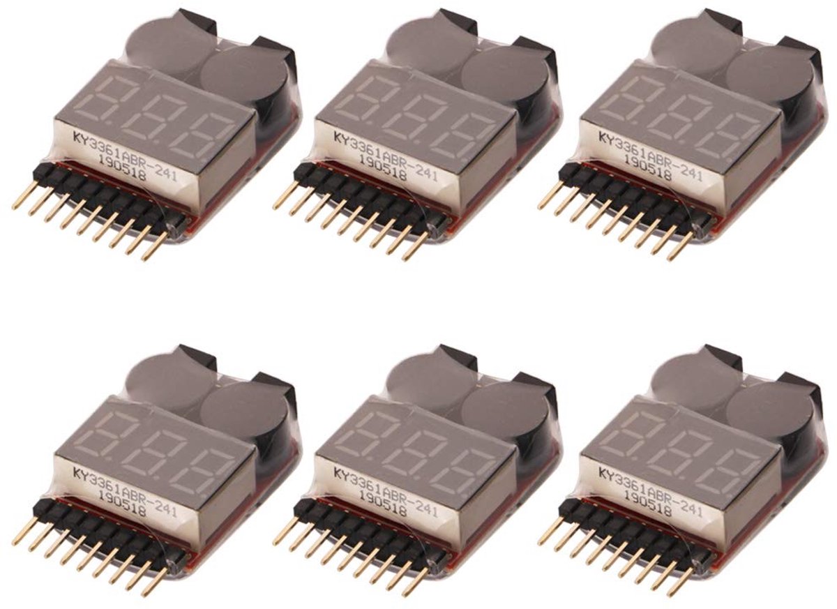 6 stuks RC Batterij Lipo Lage Voltage Alarm Controller, Buzzer Alarm Indicator, 1S-8S Lipo Batterijtester Monitor Beltoon met LED-indicator