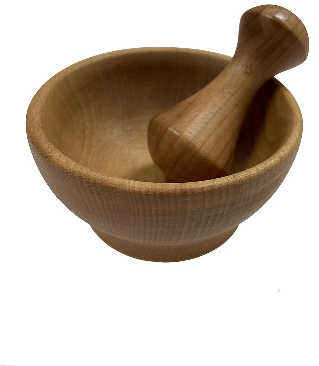 Vijzel en stamper 10,5 x 5,5 cm | Keukenaccessoires van duurzaam beukenhout | keukenmortel voor het malen van specerijen, kruiden en knoflook | kruidenmortel met rustieke natuurlijke