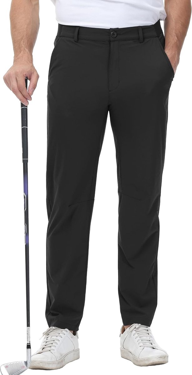 Golfbroek voor heren, slimfit, lichte elastische taille, casual, sportbroek, golfbroek, lang, met zakken, zwart, 36