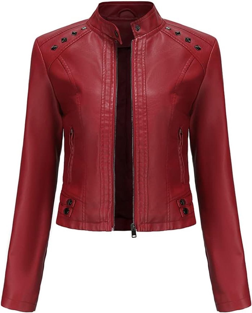 Leren damesjas, kort, kunstleer, ritssluiting, klinknagels, modieus, solide, kleur bikerjack