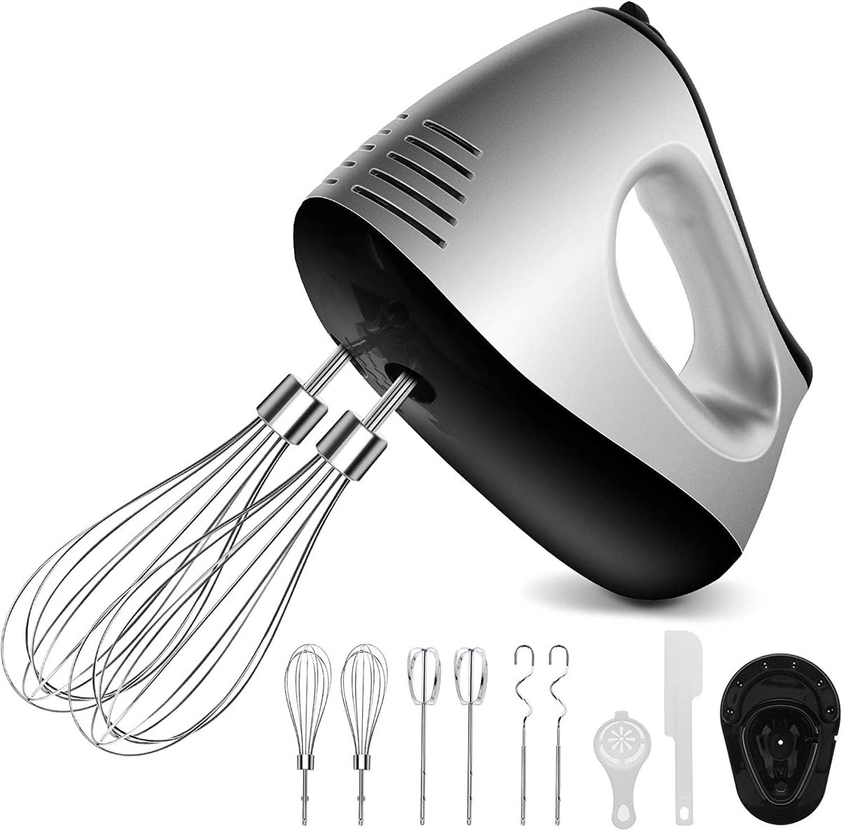 Elektrische handmixer 500 W - 5 toerentallen - Turbinefunctie - Met mixers, haken, gardes, eierscheider, bakspatel en standaard - Voor eenvoudig kloppen van deeg