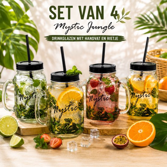 Verre à boire avec anse et couvercle + paille Mystic Jungle - 400 ml - 4 Pièces
