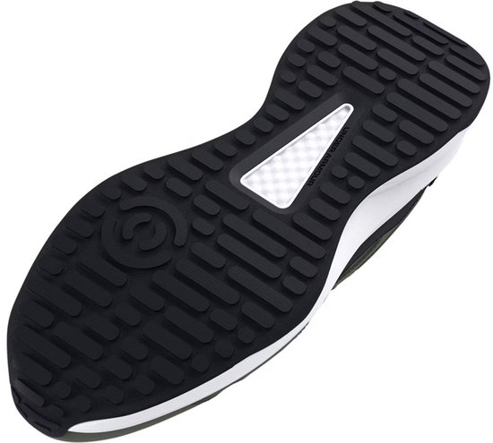 Zool van een groene Under Armour sportschoen met zwart profiel en witte rand.