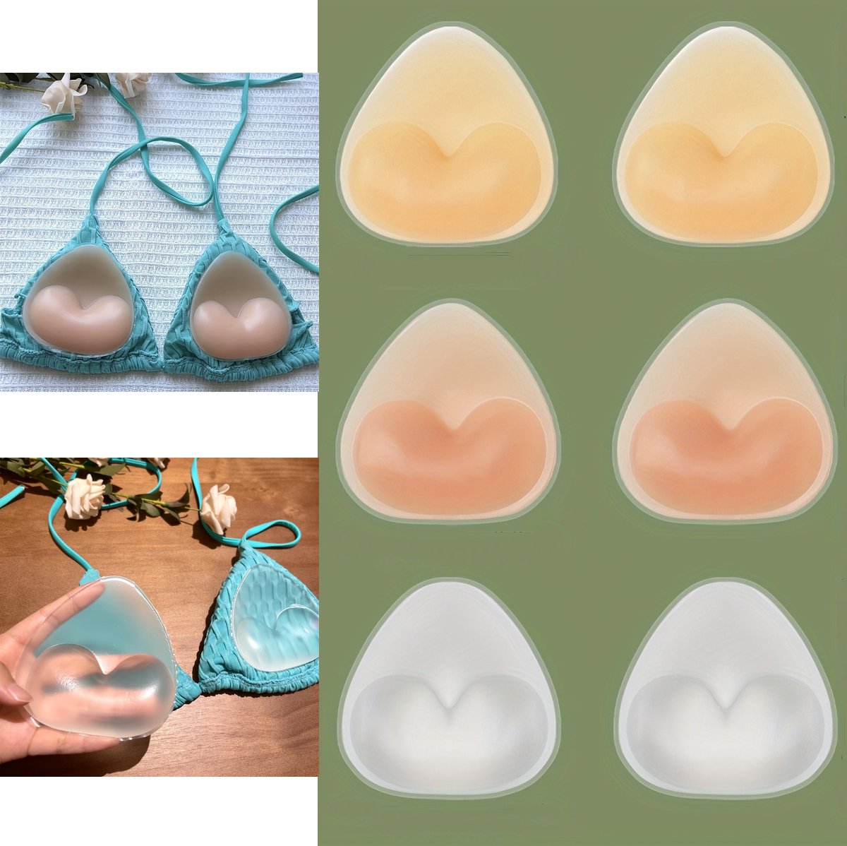 Beha-vullingen - Driehoekige siliconen beha-vullingen - Waterdichte borstvullingen - Zichtloze bikini met zelfklevende, extra dikke vullingen - Waterdichte beha-vullingen voor zwemkleding, bikini’s en sportbeha’s - Set van 3 paar - 3 kleuren